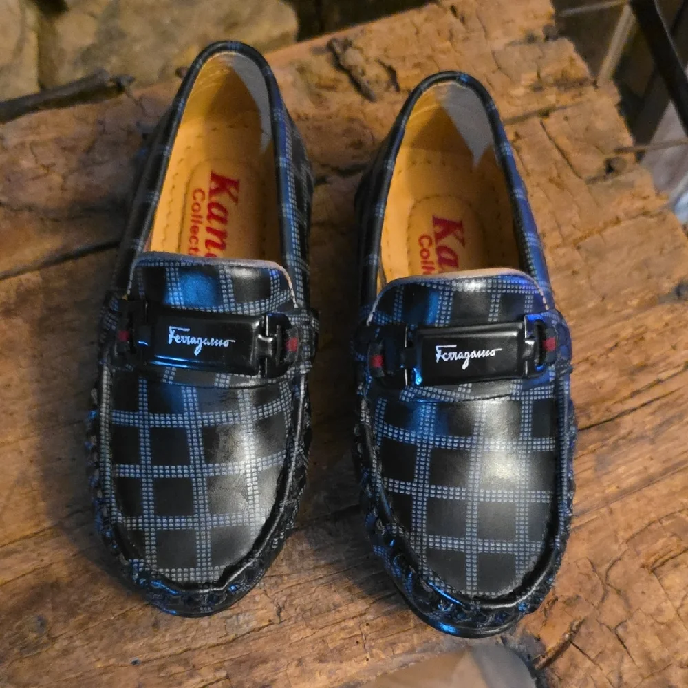 Salvatore Ferragamo Black and Gray Checkered Loafers